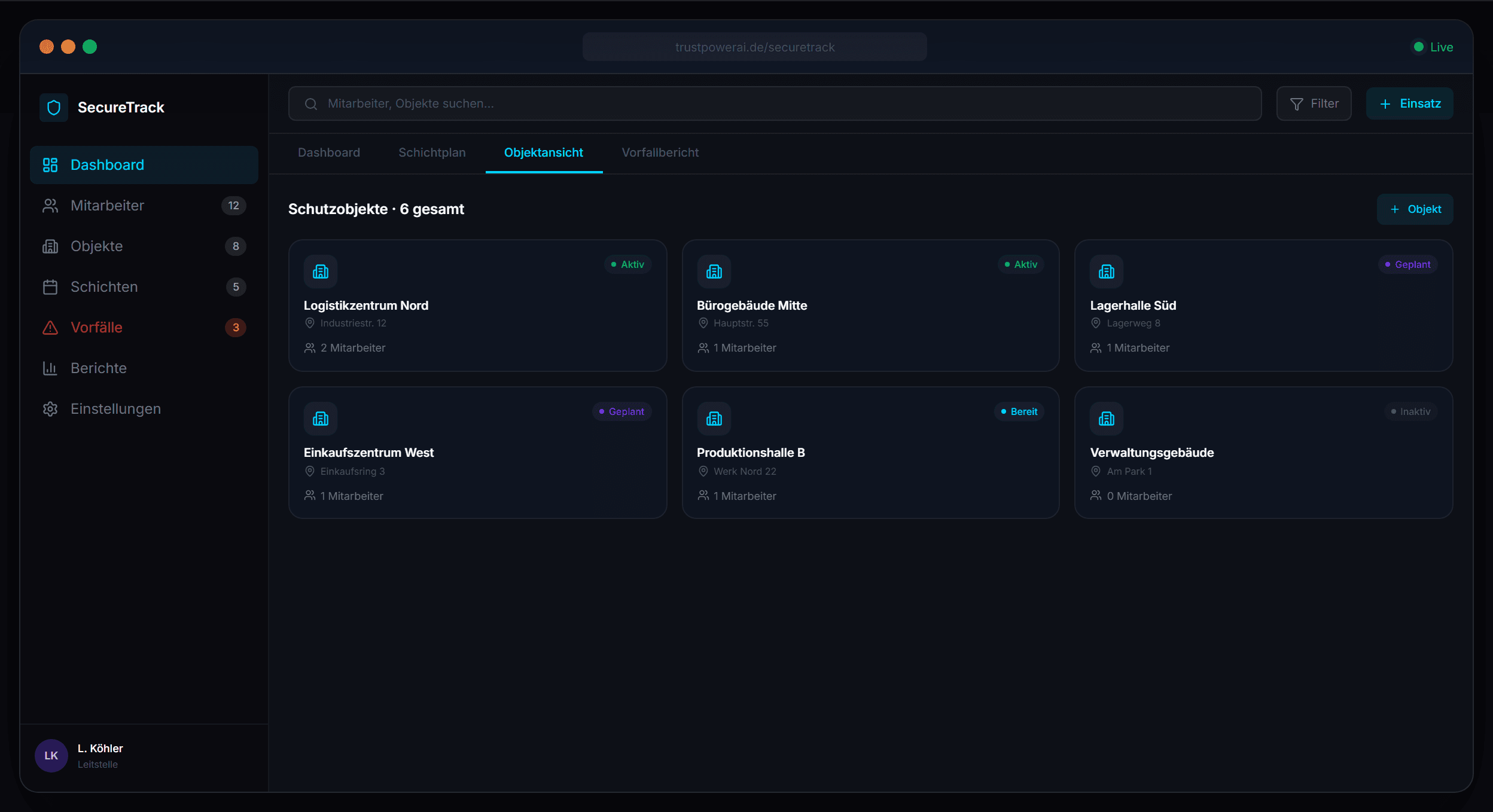 SecureTrack – Objektmanagement mit Schutzobjekten, Status und Mitarbeitern