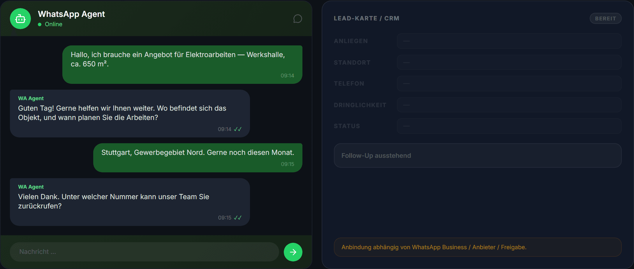 WhatsApp Agent Lead-Analyse: KI analysiert Kundenanfrage und befüllt die Lead-Karte in Echtzeit